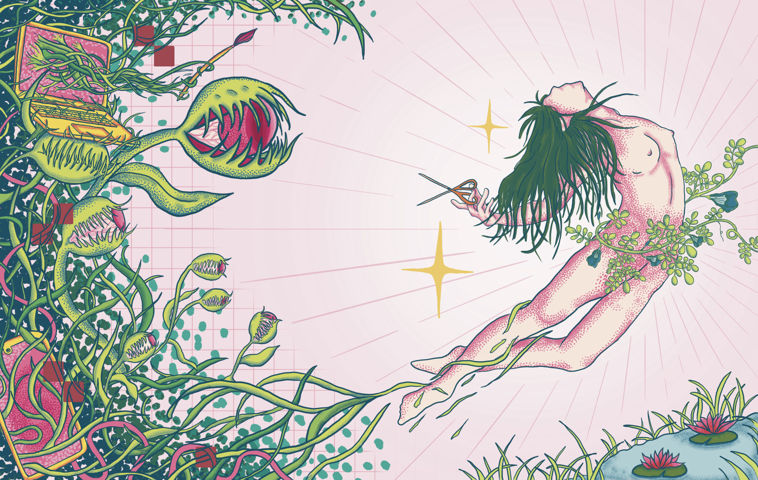 Seorang perempuan terbang membebaskan diri dari jerat venus trap
